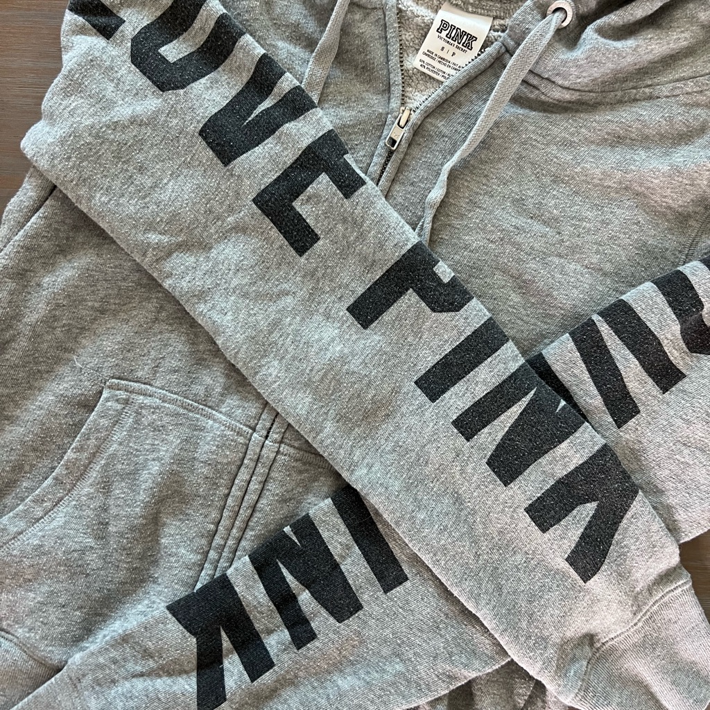 Pink Size Small Grey Zip Up Hoodie With “Love Pink” Details On Sleeves.
